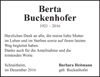 Traueranzeige von Berta  Buckenhofer von Heidenheimer Zeitung