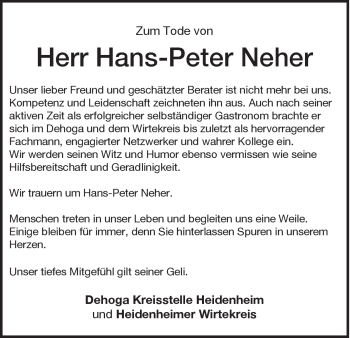 Traueranzeige von Hans-Peter Neher von Heidenheimer Zeitung