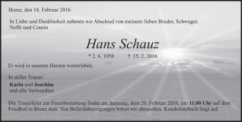 Traueranzeige von Hans Schauz von Heidenheimer Zeitung