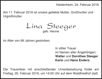 Traueranzeige von Lina Steeger von Heidenheimer Zeitung