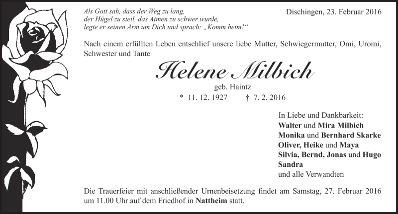  Traueranzeige für Helene Milbich vom 23.02.2016 aus Heidenheimer Zeitung