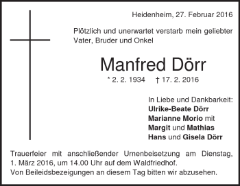 Traueranzeige von Manfred  Dörr von Heidenheimer Zeitung