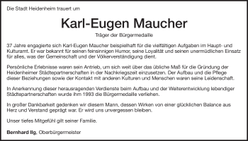 Traueranzeige von Karl-Eugen Maucher von Heidenheimer Zeitung