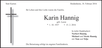 Traueranzeige von Karin Hannig von Heidenheimer Zeitung