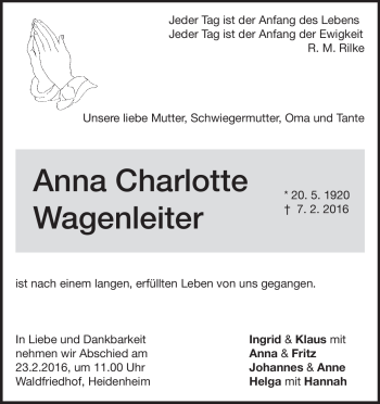 Traueranzeige von Anna Charlotte Wagenleiter von Heidenheimer Zeitung