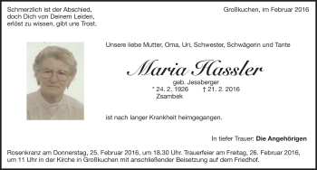 Traueranzeige von Maria  Hassler von Heidenheimer Zeitung