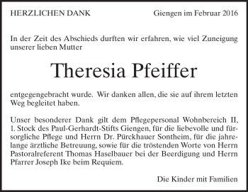 Traueranzeige von Theresia  Pfeiffer von Heidenheimer Zeitung