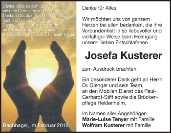 Traueranzeige von Josefa Kusterer von Heidenheimer Zeitung