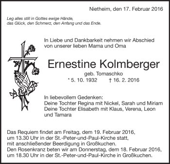 Traueranzeige von Ernestine Kolmbeger von Heidenheimer Zeitung