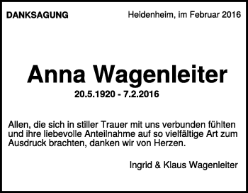 Traueranzeige von Anna Charlotte Wagenleiter von Heidenheimer Zeitung