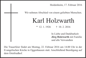 Traueranzeige von Karl Holzwarth von Heidenheimer Zeitung