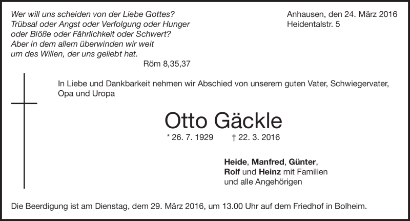  Traueranzeige für Otto Gäckle vom 24.03.2016 aus Heidenheimer Zeitung
