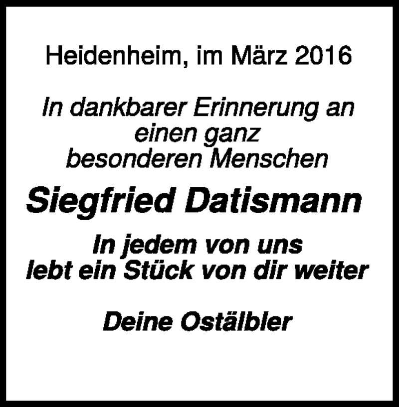  Traueranzeige für Siegfried Datismann vom 11.03.2016 aus Heidenheimer Zeitung