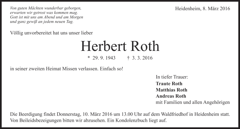  Traueranzeige für Herbert Roth vom 08.03.2016 aus Heidenheimer Zeitung