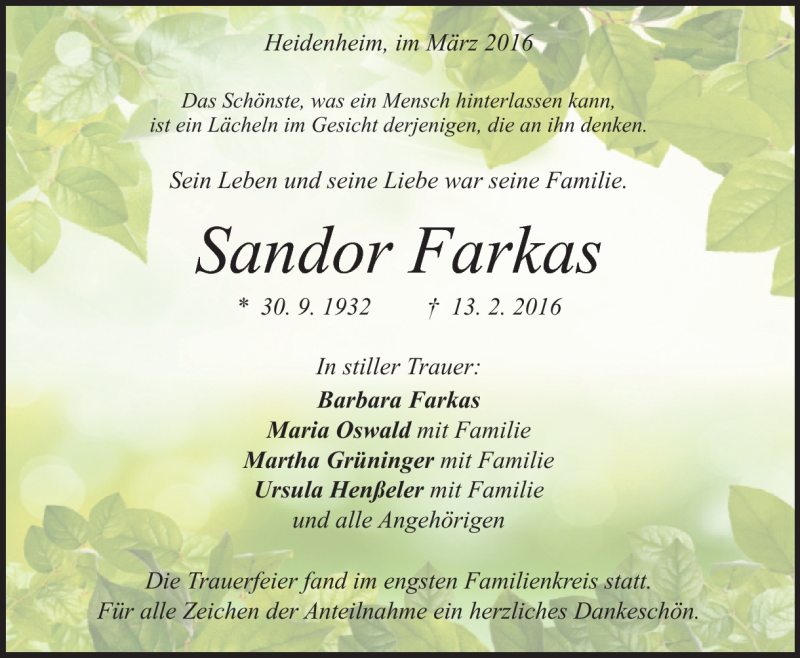  Traueranzeige für Sandor Farkas vom 01.03.2016 aus Heidenheimer Zeitung