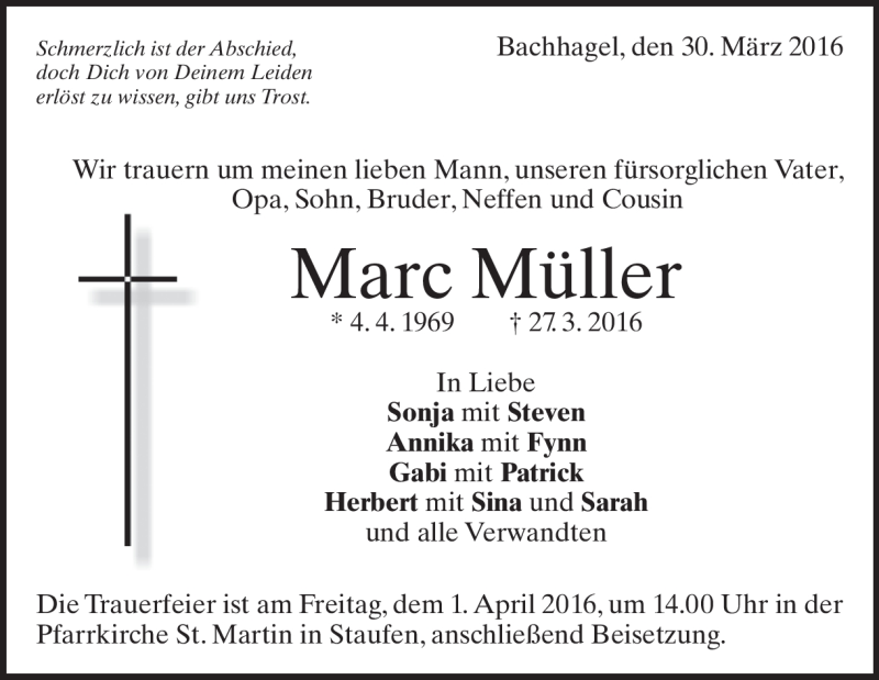 Traueranzeige für Marc Müller vom 30.03.2016 aus Heidenheimer Zeitung