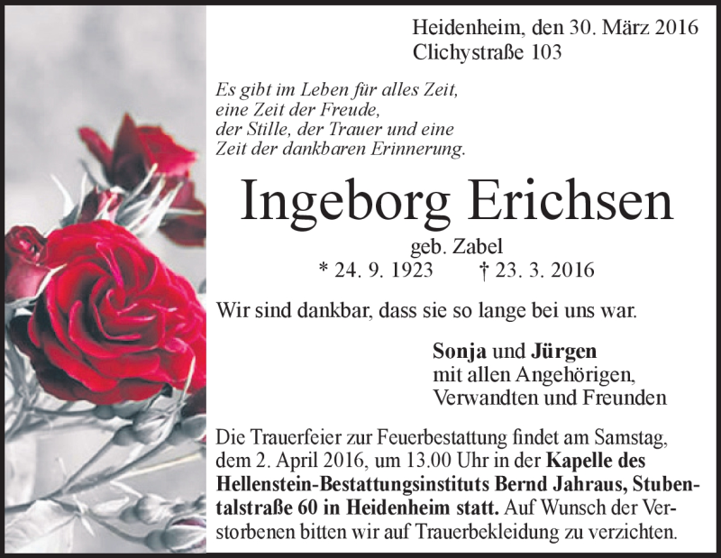  Traueranzeige für Ingeborg Erichsen vom 30.03.2016 aus Heidenheimer Zeitung