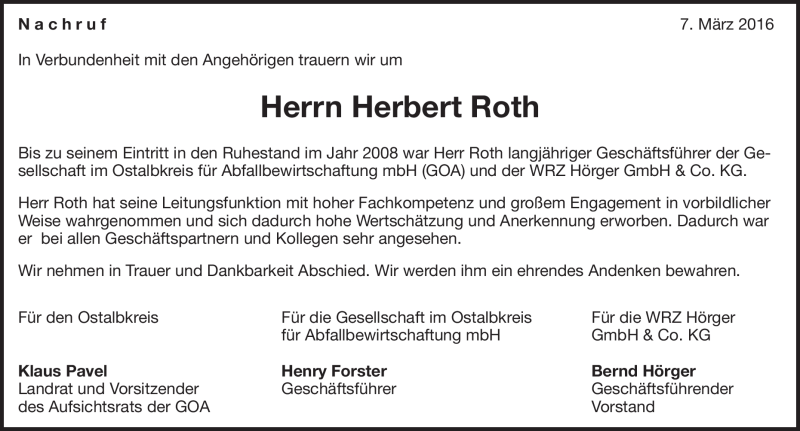  Traueranzeige für Herbert Roth vom 09.03.2016 aus Heidenheimer Zeitung