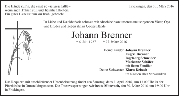 Traueranzeige von Johann Brenner von Heidenheimer Zeitung