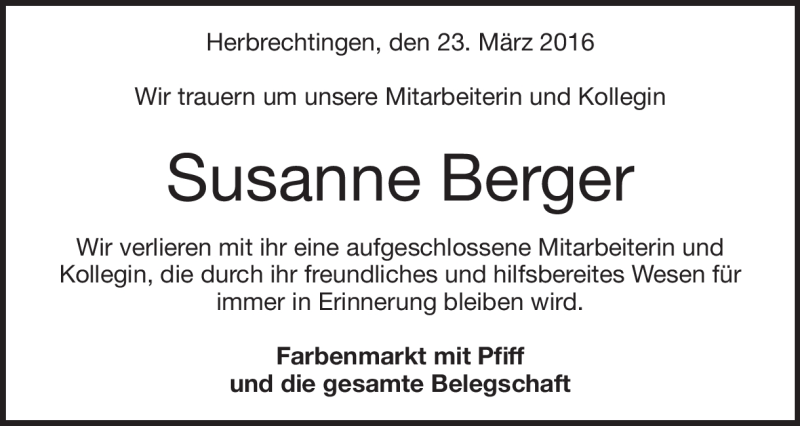  Traueranzeige für Susanne Berger vom 23.03.2016 aus Heidenheimer Zeitung
