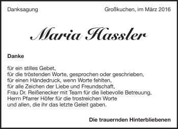 Traueranzeige von Maria  Hassler von Heidenheimer Zeitung