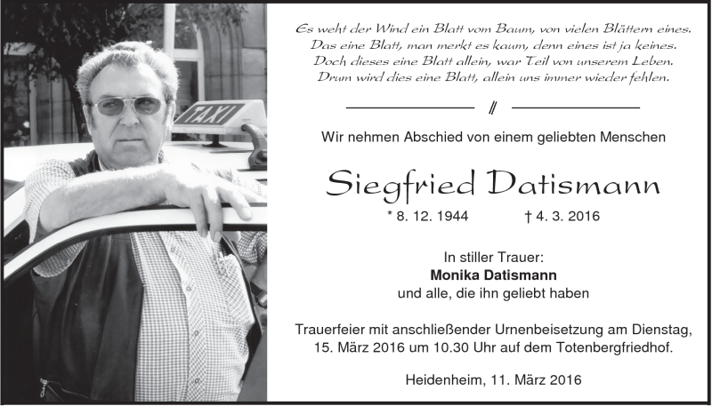  Traueranzeige für Siegfried Datismann vom 11.03.2016 aus Heidenheimer Zeitung