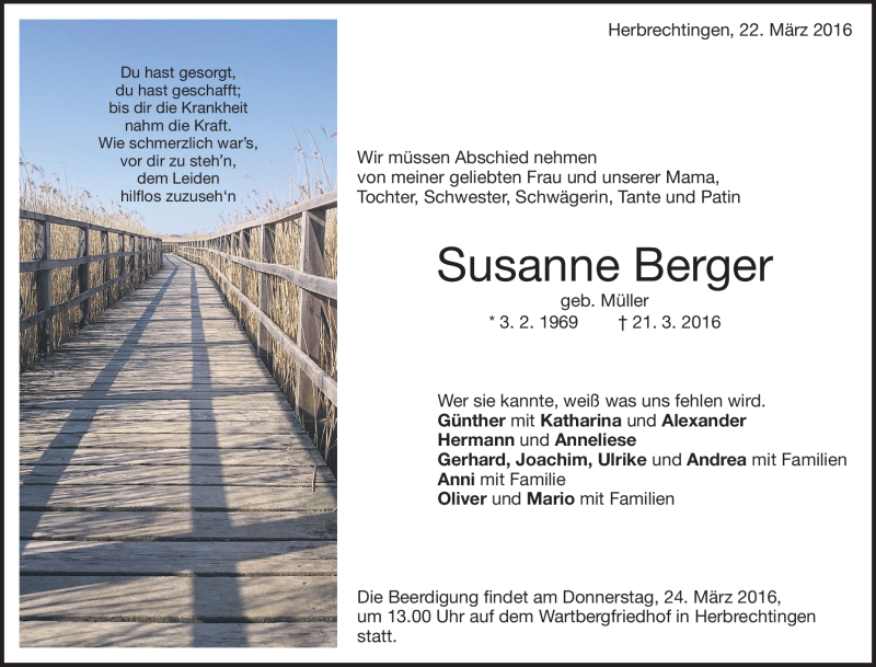  Traueranzeige für Susanne Berger vom 22.03.2016 aus Heidenheimer Zeitung