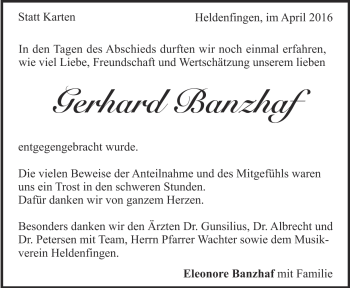 Traueranzeige von Gerhard Banzhaf von Heidenheimer Zeitung