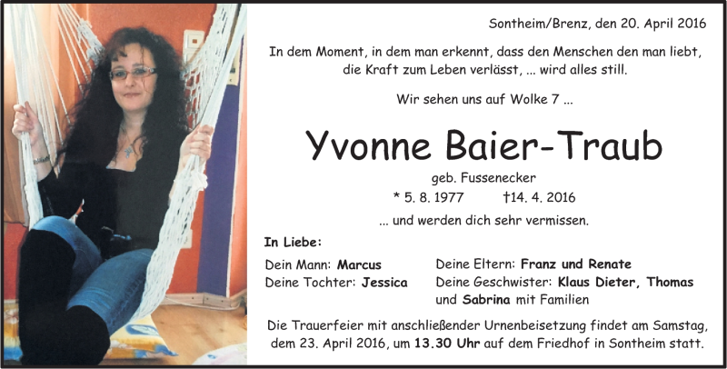  Traueranzeige für Yvonne Baier-Traub vom 20.04.2016 aus Heidenheimer Zeitung