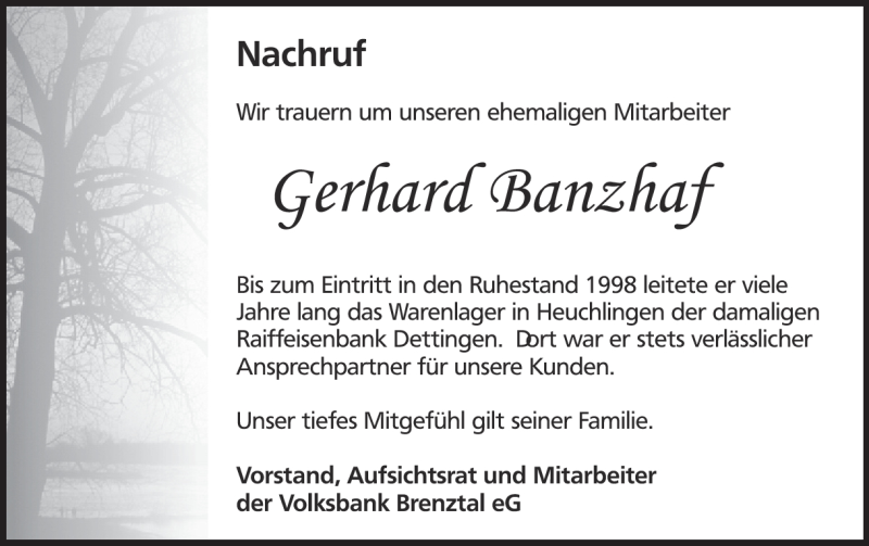  Traueranzeige für Gerhard Banzhaf vom 09.04.2016 aus Heidenheimer Zeitung