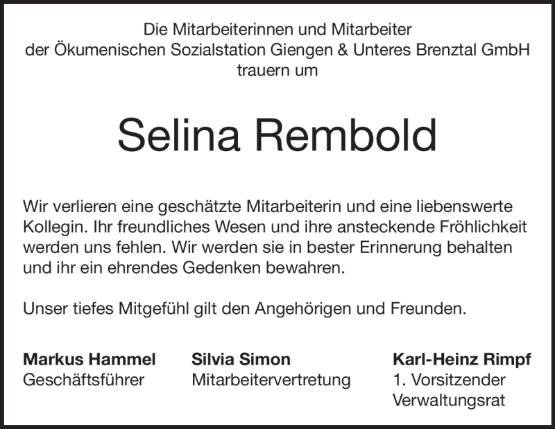  Traueranzeige für Selina Rembold vom 09.04.2016 aus Heidenheimer Zeitung