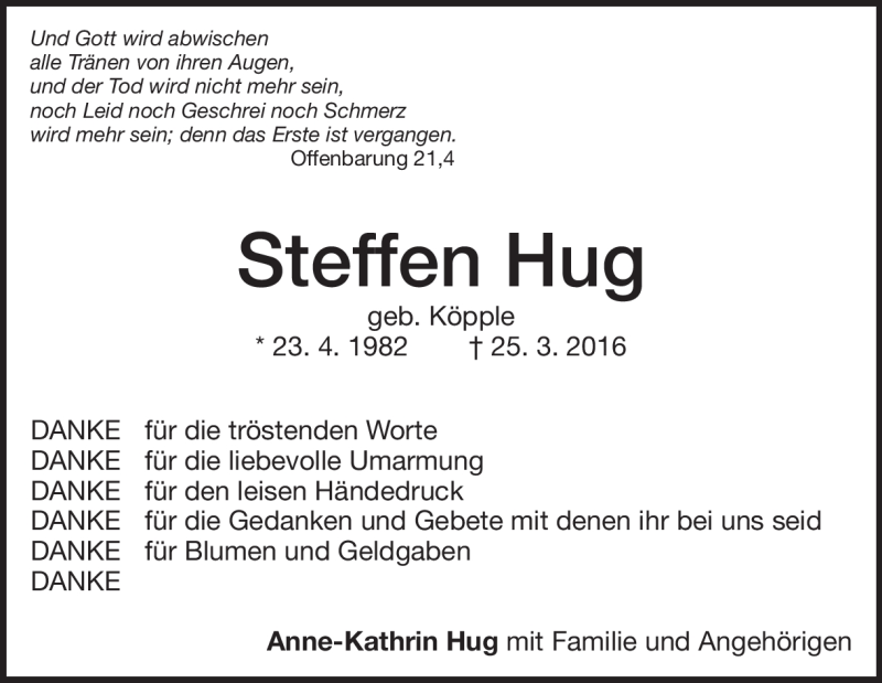  Traueranzeige für Steffen Hug vom 05.04.2016 aus Heidenheimer Zeitung