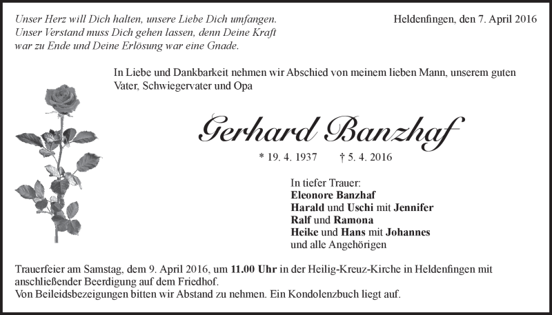  Traueranzeige für Gerhard Banzhaf vom 07.04.2016 aus Heidenheimer Zeitung