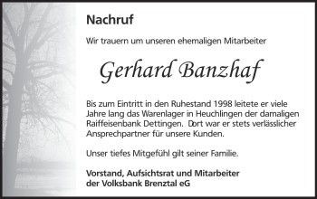 Traueranzeige von Gerhard Banzhaf von Heidenheimer Zeitung