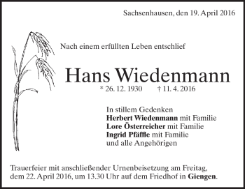 Traueranzeige von Hans Wiedenmann von Heidenheimer Zeitung
