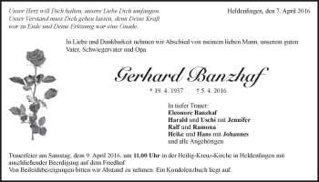 Traueranzeige von Gerhard Banzhaf von Heidenheimer Zeitung