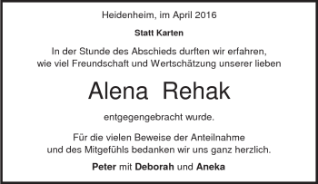 Traueranzeige von Alena Rehak von Heidenheimer Zeitung