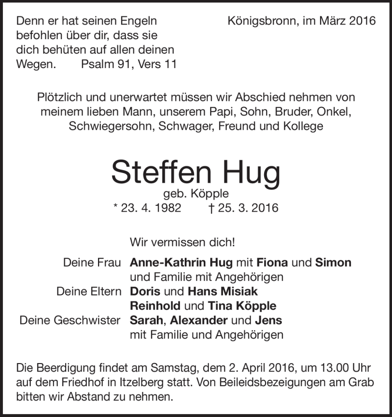  Traueranzeige für Steffen Hug vom 01.04.2016 aus Heidenheimer Zeitung
