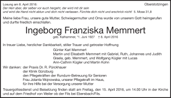Traueranzeige von Ingeborg Franziska Memmert von Heidenheimer Zeitung
