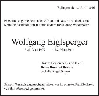 Traueranzeige von Wolfgang Eiglsberger von Heidenheimer Zeitung