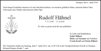 Traueranzeige von Rudolf Hähnel von Heidenheimer Zeitung