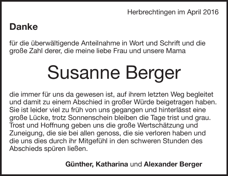  Traueranzeige für Susanne Berger vom 16.04.2016 aus Heidenheimer Zeitung