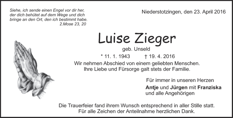 Traueranzeige für Luise Zieger vom 23.04.2016 aus Heidenheimer Zeitung