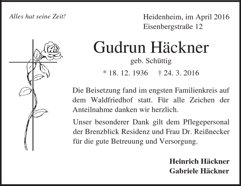  Traueranzeige für Gudrun Häckner vom 26.04.2016 aus Heidenheimer Zeitung