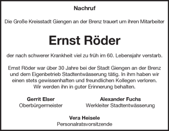 Traueranzeige von Ernst Röder von Heidenheimer Zeitung