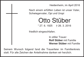 Traueranzeige von Otto Stüber von Heidenheimer Zeitung
