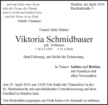 Traueranzeige von Viktoria  Schmidbauer von Heidenheimer Zeitung