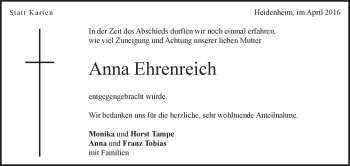 Traueranzeige von Anna Ehrenreich von Heidenheimer Zeitung