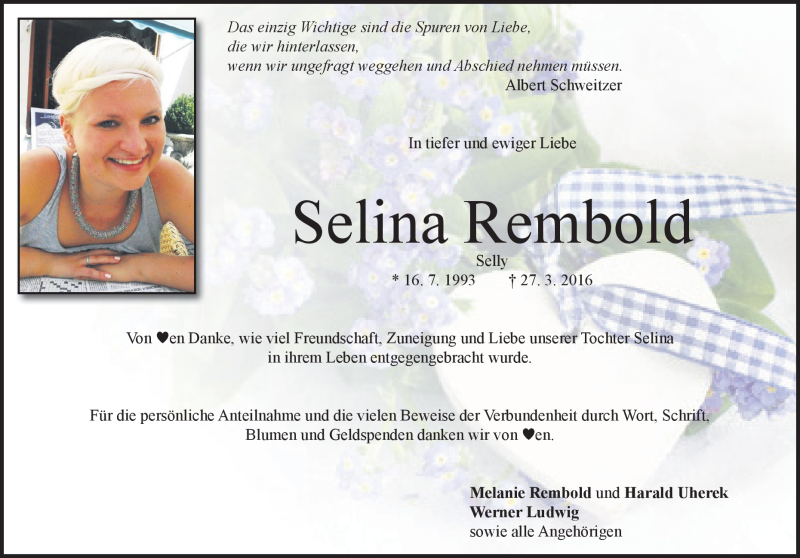  Traueranzeige für Selina Rembold vom 08.04.2016 aus Heidenheimer Zeitung