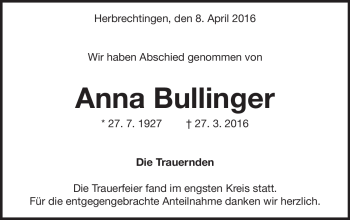 Traueranzeige von Anna Bullinger von Heidenheimer Zeitung